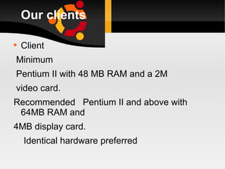 Our clients  Client Minimum Pentium II with 48 MB RAM and a 2M video card. Recommended  Pentium II and above with 64MB RAM and 4MB display card. Identical hardware preferred 