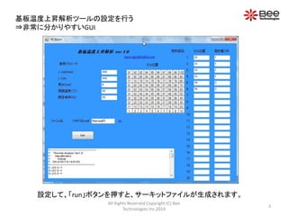 基板温度上昇解析ツールの設定を行う
⇒非常に分かりやすいGUI

設定して、「run」ボタンを押すと、サーキットファイルが生成されます。
All Rights Reserved Copyright (C) Bee
Technologies Inc.2014

3

 