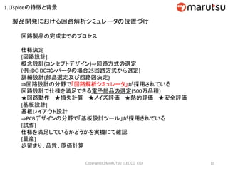 製品開発における回路解析シミュレータの位置づけ
10Copyright(C) MARUTSU ELEC CO. LTD
回路製品の完成までのプロセス
仕様決定
[回路設計]
概念設計(コンセプトデザイン)⇒回路方式の選定
(例：DC-DCコンバータの場合25回路方式から選定)
詳細設計(部品選定及び回路図決定)
⇒回路設計の分野で「回路解析シミュレータ」が採用されている
回路設計で仕様を満足できる電子部品の選定(500万品種)
★回路動作 ★損失計算 ★ノイズ評価 ★熱的評価 ★安全評価
[基板設計]
基板レイアウト設計
⇒PCBデザインの分野で「基板設計ツール」が採用されている
[試作]
仕様を満足しているかどうかを実機にて確認
[量産]
歩留まり、品質、原価計算
1.LTspiceの特徴と背景
 