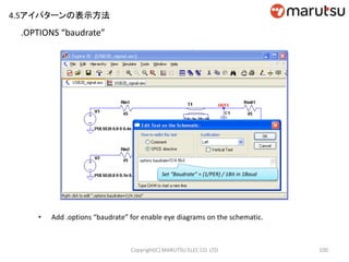 .OPTIONS “baudrate”
• Add .options “baudrate” for enable eye diagrams on the schematic.
Set “Baudrate” = {1/PER} / 1Bit in 1Baud
100Copyright(C) MARUTSU ELEC CO. LTD
4.5アイパターンの表示方法
 