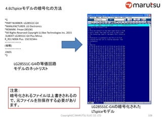 *$
*PART NUMBER: LG285S1C-G4
*MANUFACTURER: LG Electronics
*REMARK: Pmax=285(W)
*All Rights Reserved Copyright (c) Bee Technologies Inc. 2015
.SUBCKT LG285S1C-G4 Plus Minus
R_RS1 N00A Plus 150.9234m
・・・・・・・・・・・・
(省略)
・・・・・・・・・・・・
.ENDS
*$
LG285S1C-G4の等価回路
モデルのネットリスト
LG285S1C-G4の暗号化された
LTspiceモデル
108Copyright(C) MARUTSU ELEC CO. LTD
注意：
暗号化されるファイルは上書きされるの
で、元ファイルを別保存する必要があり
ます。
4.6LTspiceモデルの暗号化の方法
 