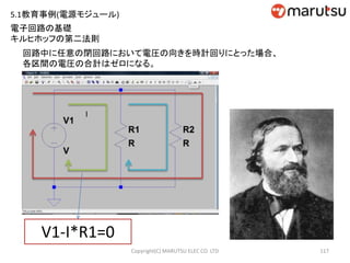 117
電子回路の基礎
キルヒホッフの第二法則
回路中に任意の閉回路において電圧の向きを時計回りにとった場合、
各区間の電圧の合計はゼロになる。
V1-I*R1=0
I
Copyright(C) MARUTSU ELEC CO. LTD
5.1教育事例(電源モジュール)
 