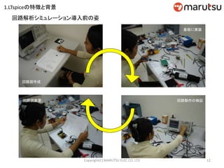 12Copyright(C) MARUTSU ELEC CO. LTD
回路解析シミュレーション導入前の姿
回路図作成
基板に実装
回路動作の検証回路図変更
1.LTspiceの特徴と背景
 