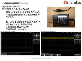 124
正負電源のブロック
ACアダプタのスイッチングノイズ
何故、ACアダプターを使用するのにさら
に電源回路を使用する必要性があるの
ですか？
スイッチングACアダプタは、出力にノイズ
を含んでいます。電源電圧から
ノイズ成分を除去するのが
三端子レギュレータです。
Copyright(C) MARUTSU ELEC CO. LTD
5.1教育事例(電源モジュール)
 