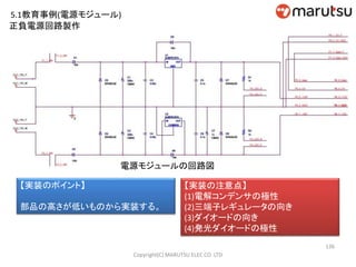 136
【実装のポイント】
部品の高さが低いものから実装する。
電源モジュールの回路図
【実装の注意点】
(1)電解コンデンサの極性
(2)三端子レギュレータの向き
(3)ダイオードの向き
(4)発光ダイオードの極性
Copyright(C) MARUTSU ELEC CO. LTD
正負電源回路製作
5.1教育事例(電源モジュール)
 