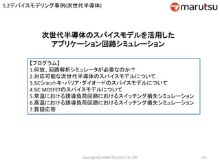 Copyright(C) MARUTSU ELEC CO. LTD 141
次世代半導体のスパイスモデルを活用した
アプリケーション回路シミュレーション
【プログラム】
1.何故、回路解析シミュレータが必要なのか？
2.対応可能な次世代半導体のスパイスモデルについて
3.SiCショットキ・バリア・ダイオードのスパイスモデルについて
4.SiC MOSFETのスパイスモデルについて
5.常温における誘導負荷回路におけるスイッチング損失シミュレーション
6.高温における誘導負荷回路におけるスイッチング損失シミュレーション
7.質疑応答
5.2デバイスモデリング事例(次世代半導体)
 