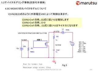 Copyright(C) MARUTSU ELEC CO. LTD 155
4.SiC MOSFETのスパイスモデルについて
C(VIN)は(2)式のように外部電圧VINによって制御出来ます。
C(VIN)>Cref の時、(5)式に従いI1は増加します
C(VIN)=Cref の時、I1=0
C(VIN)<Cref の時、 (5)式に従いI1はマイナスになります
N13732
N13807
N13744
ABM/I
図3
Run to time: 1us
Cref
1u
VIN
10v
0
V2
TD = 0
TF = 1us
PW = 5us
PER = 10us
V1 = 0
TR = 1us
V2 = 100v
Maximum step size: 10ns
V1 0Vdc
R3
1MEG
V(N13732,N13744)*(V(N13807,0)-1)*1E6
R4
1u
Fig.3
5.2デバイスモデリング事例(次世代半導体)
 