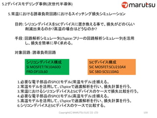 Copyright(C) MARUTSU ELEC CO. LTD 159
1.必要な電子部品のSPICEモデル(常温モデル)を揃える。
2.常温モデルを活用して、LTspiceで過渡解析を行い、損失計算を行う。
3.常温におけるシリコンデバイスとSiCデバイスのケースで損失比較を行う。
4.必要な電子部品のSPICEモデル(高温モデル)を揃える。
5.高温モデルを活用して、LTspiceで過渡解析を行い、損失計算を行う。
6.シリコンデバイスとSiCデバイスのケースで比較する。
目的：シリコンデバイスをSiCデバイスに置き換える事で、損失がどのくらい
削減出来るのか?高温の場合はどうなのか?
手段：回路解析シミュレータ(LTspice:フリーの回路解析シミュレータ)を活用
し、損失を簡単に早く求める。
対象回路：誘導負荷回路
シリコンデバイス構成
Si MOSFET:TK10A60D
FRD:DF10L60
SiCデバイス構成
SiC MOSFET:SCU210AX
SiC SBD:SCS110AG
5.常温における誘導負荷回路におけるスイッチング損失シミュレーション
5.2デバイスモデリング事例(次世代半導体)
 