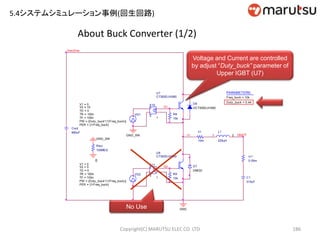 About Buck Converter (1/2)
Copyright(C) MARUTSU ELEC CO. LTD 186
GND
GND_SW
Riso
100MEG
0
D8
DCT300DJH060
DMOD
D7
Vrectif ier
Cout
880uF
GND_SW
VG2
TD = 0
TF = 100n
PW = {Duty _buck*(1/Freq_buck)}
PER = {1/Freq_buck}
V1 = 0
TR = 100n
V2 = 0
R9
15k
U8
CT300DJH060
-
+
+
-
E11
E
1
G2
VG1
TD = 0
TF = 100n
PW = {Duty _buck*(1/Freq_buck)}
PER = {1/Freq_buck}
V1 = 0
TR = 100n
V2 = 15
L1
225uH
1 2
C1
315uF
VBATT
PARAMETERS:
Freq_buck = 10k
Duty _buck = 0.44
rl1
10m
n1
rc1
0.05m
G1
R8
15k
U7
CT300DJH060
-
+
+
-
E10
E
1
No Use
Voltage and Current are controlled
by adjust “Duty_buck” parameter of
Upper IGBT (U7)
5.4システムシミュレーション事例(回生回路)
 