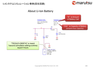 About Li-Ion Battery
Copyright(C) MARUTSU ELEC CO. LTD 188
GND
GNDGND
D_disch
D9
V101
{(4.2*N)-8.2m}
IBATT
0Vdc
PARAMETERS:
N = 85
CAh = 50
rate = 1
PARAMETERS:
Voch = {(4.2*N)-8.2m}
Capacity = 1
HI
+ -
U9
LI-ION_BATTERY
SOC = 0
NS = {N}
TSCALE = {3600*4}
C = {CAh}
C2
10n
“N” is Amount
of Battery Cell
“TSCALE={3600*4}” is meant
1second (simulation setting-runtime)
equal 4 hours
“CAh” is Capacity of Battery
(ampere-hour capacity)
5.4システムシミュレーション事例(回生回路)
 