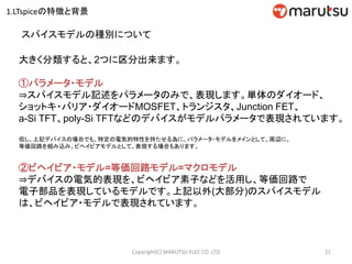 21Copyright(C) MARUTSU ELEC CO. LTD
スパイスモデルの種別について
大きく分類すると、2つに区分出来ます。
①パラメータ・モデル
⇒スパイスモデル記述をパラメータのみで、表現します。単体のダイオード、
ショットキ・バリア・ダイオードMOSFET、トランジスタ、Junction FET、
a-Si TFT、poly-Si TFTなどのデバイスがモデルパラメータで表現されています。
但し、上記デバイスの場合でも、特定の電気的特性を持たせる為に、パラメータ・モデルをメインとして、周辺に、
等価回路を組み込み、ビヘイビアモデルとして、表現する場合もあります。
②ビヘイビア・モデル=等価回路モデル=マクロモデル
⇒デバイスの電気的表現を、ビヘイビア素子などを活用し、等価回路で
電子部品を表現しているモデルです。上記以外(大部分)のスパイスモデル
は、ビヘイビア・モデルで表現されています。
1.LTspiceの特徴と背景
 