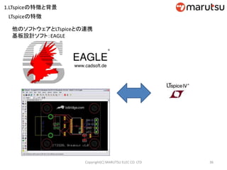 36Copyright(C) MARUTSU ELEC CO. LTD
他のソフトウェアとLTspiceとの連携
基板設計ソフト：EAGLE
LTspiceの特徴
1.LTspiceの特徴と背景
 