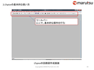 2.LTspiceの基本的な使い方
44Copyright(C) MARUTSU ELEC CO. LTD
LTspiceの回路図作成画面
ツールバー
(ここで、基本的な操作を行う)
 