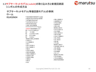 3.3サブサーキットモデル(.subckt)の取り込み方と新規回路図
シンボルの作成方法
サブサーキットモデル(等価回路モデル)の事例
ローム
RSJ450N04 * RSJ450N04 NMOSFET model
* Model Generated by ROHM
* All Rights Reserved
* Commercial Use or
* Resale Restricted
* Date: 2011/08/08
******************D G S
.SUBCKT RSJ450N04 1 2 3
M1 11 22 3 3 MOS_N
D1 3 1 DDS
R1 1 11 RTH 7.14m
D2 22 11 DDG
R2 2 22 8.1
.MODEL MOS_N NMOS
+ LEVEL=3
+ L=2.0000E-6
+ W=1
+ KP=2.7979E-4
+ RS=1.5000E-3
+ RD=0
+ VTO=2.4053
+ RDS=40.000E6
+ TOX=2.0000E-6
+ CGSO=2.20n
+ CGDO=100p
+ CBD=0
+ RG=0
+ N=2
+ RB=1.0000E-3
+ GAMMA=1.1
+ ETA=0.0001
+ KAPPA=0
+ NFS=15G
.MODEL DDS D
+ IS=13.735E-12
+ N=1.0682
+ RS=2.3951E-3
+ IKF=9.1081
+ CJO=1.1068E-9
+ M=.47201
+ VJ=.76152
+ BV=40
+ TT=34n
.MODEL DDG D
+ CJO=807.33E-12
+ M=.69266
+ VJ=.75458
+ N=10000
+ FC=-1.7
.MODEL RTH RES
+ TC1=0.0055
+ TC2=0.000021
.ENDS RSJ450N04
60Copyright(C) MARUTSU ELEC CO. LTD
 