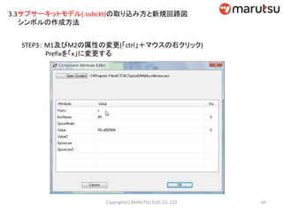 3.3サブサーキットモデル(.subckt)の取り込み方と新規回路図
シンボルの作成方法
STEP3： M1及びM2の属性の変更(「ctrl」＋マウスの右クリック)
Prefixを「x」に変更する
65Copyright(C) MARUTSU ELEC CO. LTD
 