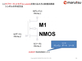3.3サブサーキットモデル(.subckt)の取り込み方と新規回路図
シンボルの作成方法
D(ドレイン)
PIN No.1
G(ゲート)
PIN No.2
S(ソース)
PIN No.3
.SUBCKT RSJ450N04 1 2 3
1 2 3
ドレイン ゲート ソース
66Copyright(C) MARUTSU ELEC CO. LTD
 