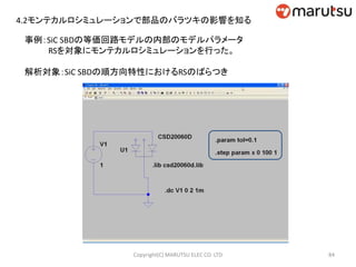 4.2モンテカルロシミュレーションで部品のバラツキの影響を知る
事例：SiC SBDの等価回路モデルの内部のモデルパラメータ
RSを対象にモンテカルロシミュレーションを行った。
解析対象：SiC SBDの順方向特性におけるRSのばらつき
84Copyright(C) MARUTSU ELEC CO. LTD
 