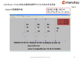 93Copyright(C) MARUTSU ELEC CO. LTD
LTspiceで回路図作成
V1はドの周波数
V2はレの周波数
V3はミの周波数
4.4シミュレーションの出力波形を音声ファイルで出力する方法
4.4.1
出力ビット数：16ビット
サンプリング・レート：44.1k
 
