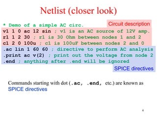 Netlist (closer look)
* Demo of a simple AC circ.
v1 1 0 ac 12 sin ; v1 is an AC source of 12V amp.
r1 1 2 30 ; r1 is 30 Ohm between nodes 1 and 2
c1 2 0 100u ; c1 is 100uF between nodes 2 and 0
.ac lin 1 60 60 ; directive to perform AC analysis
.print ac v(2) ; print out the voltage from node 2
.end ; anything after .end will be ignored
Commands starting with dot (.ac, .end, etc.) are known as
SPICE directives
Circuit description
SPICE directives
4
 