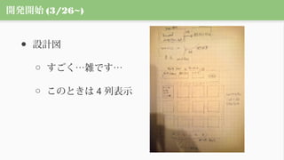 開発開始 (3/26~)
● 設計図
○ すごく…雑です…
○ このときは 4 列表示
 