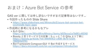 ޤAzure Bot Service βο
GAS ver vƤꤷUʤǤޤӛµȤϤʤǤ...
? äΤ ݺߣ Share
? /MinoruIto3/azure-bot-service-bot-
cosmosdb-logic-apps
? ɕr˲οˤʤ뤫ʥ
? ˽ Qiita :
https://qiita.com/MinoMinoMinoru/items/d02bcea1a7b681c40240
? Boosty Ԥ`ӥǤӛ£äȡ Qiita 궡
https://boosty.jp/book/?id=44b959c2-c408-3b70-52a9-
7869bfaf2f41
? Bot Framework Composer:GUI  Bot ɤ륵`ӥ
https://docs.microsoft.com/en-us/composer/introduction
 