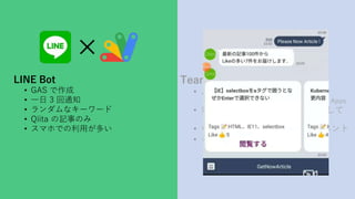 LINE Bot
? GAS 
? һ 3 ֪ͨ
? ʥ``
? Qiita ӛ¤Τ
? ޥۤǤäत
Teams Bot
? Azure ηNΥ`ӥ
? Azure Bot Service, Cosmos DB, Logic Apps
? աrg``ɤO
? פ 18 rˤ React
? Qiita ӛ¤ Connpass Υ٥
? PC Ǥäत
 