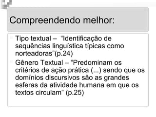 Compreendendo melhor: 
 Tipo textual – “Identificação de 
sequências linguística típicas como 
norteadoras”(p.24) 
 Gênero Textual – “Predominam os 
critérios de ação prática (...) sendo que os 
domínios discursivos são as grandes 
esferas da atividade humana em que os 
textos circulam” (p.25) 
 