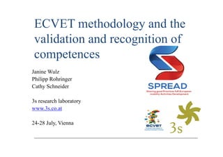 ECVET methodology and the
validation and recognition of
competences
Janine Wulz
Philipp Rohringer
Cathy Schneider
3s research laboratory
www.3s.co.at
24-28 July, Vienna
 