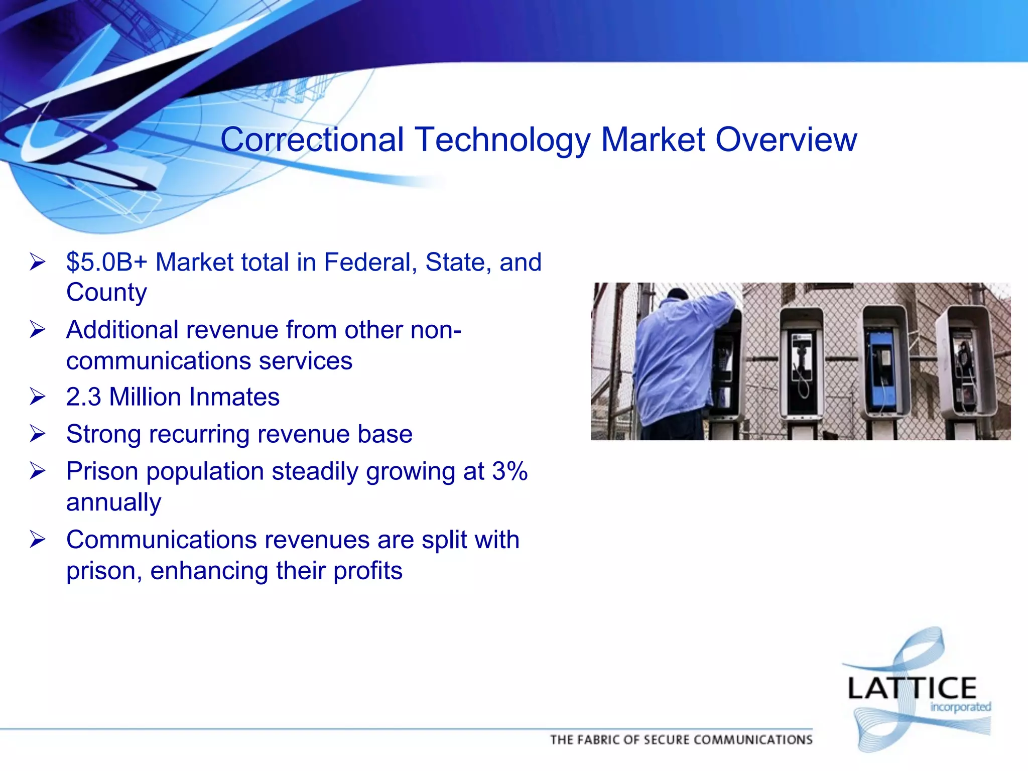Correctional Technology Market Overview

!  $5.0B+ Market total in Federal, State, and
County
!  Additional revenue from other noncommunications services
!  2.3 Million Inmates
!  Strong recurring revenue base
!  Prison population steadily growing at 3%
annually
!  Communications revenues are split with
prison, enhancing their profits

 