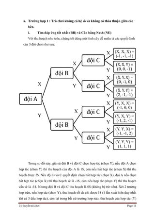 Lý thuyết trò chơi Page 11
đội A
đội B
đội C
(X, X, X) =
(-1, -1, -1)
(X, X, Y) =
(0, 0, -1)
đội C
(X, Y, X) =
(0, -1, 0)
(X, Y, Y) =
(2, -1, -1)
đội B
đội C
(Y, X, X) =
(-1, 0, 0)
(Y, X, Y) =
(-1, 2, -1)
đội C
(Y, Y, X) =
(-1, -1, 2)
(Y, Y, Y) =
(1, 1, 1)
a. Trường hợp 1 : Trò chơi không có hệ số và không có thỏa thuận giữa các
bên.
i. Tìm đáp ứng tốt nhất (BR) và Cân bằng Nash (NE)
Với thu hoạch như trên, chúng tôi dùng mô hình cây để miêu tả các quyết định
của 3 đội chơi như sau:
Trong sơ đồ này, giả sử đội B và đội C chọn hợp tác (chọn Y), nếu đội A chọn
hợp tác (chọn Y) thì thu hoạch của đội A là 1$, còn nếu bất hợp tác (chọn X) thì thu
hoạch được 2$. Nếu đội B và C quyết định chọn bất hợp tác (chọn X), đội A nếu chọn
bất hợp tác (chọn X) thì thu hoạch sẽ là -1$, còn nếu hợp tác (chọn Y) thì thu hoạch
vẫn sẽ là -1$. Nhưng đội B và đội C thu hoạch là 0$ (không bị trừ tiền). Xét 2 trường
hợp trên, nếu hợp tác (chọn Y), thu hoạch tối đa chỉ được 1$ (1 lần xuất hiện duy nhất
khi cả 3 đều hợp tác), còn lại trong bất cứ trường hợp nào, thu hoạch của hợp tác (Y)
X
Y
X
X
X
X
X
X
Y
Y
Y
Y
Y
Y
 