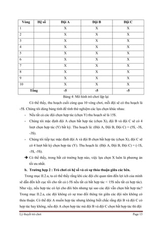 Lý thuyết trò chơi Page 13
Vòng Hệ số Đội A Đội B Đội C
1 X X X
2 X X X
3 X X X
4 X X X
5 X X X
6 X X X
7 X X X
8 X X X
9 X X X
10 X X X
Tổng -5 -5 -5
Bảng 4: Mô hình trò chơi lặp lại
Có thể thấy, thu hoạch cuối cùng qua 10 vòng chơi, mỗi đội sẽ có thu hoạch là
-5$. Chúng tôi dùng bảng tính để tính thứ nghiệm các lựa chọn khác nhau:
- Nếu tất cả các đội chọn hợp tác (chọn Y) thu hoạch sẽ là 15$.
- Chúng tôi mặc định đội A chọn bất hợp tác (chọn X), đội B và đội C sẽ có 4
lượt chọn hợp tác (Y) bất kỳ. Thu hoạch là: (Đội A, Đội B, Đội C) = (5$, -3$,
-3$).
- Chúng tôi tiếp tục mặc định đội A và đội B chọn bất hợp tác (chọn X), đội C sẽ
có 4 lượt bất kỳ chọn hợp tác (Y). Thu hoạch là: (Đội A, Đội B, Đội C) = (-1$,
-5$, -5$).
 Có thể thấy, trong bất cứ trường hợp nào, việc lựa chọn X luôn là phương án
tối ưu nhất.
b. Trường hợp 2 : Trò chơi có hệ số và có sự thỏa thuận giữa các bên.
Trong mục II.2.a, ta có thể thấy rằng khi các đội chỉ quan tâm đến lợi ích của mình
sẽ dẫn đến kết cục tồi cho tất cả (-5$ nếu tất cả bất hợp tác < 15$ nếu tất cả hợp tác).
Như vậy, nếu hợp tác có lợi cho đôi bên nhưng tại sao các đội vẫn chọn bất hợp tác?
Trong mục II.2.a, các đội không có sự trao đổi thông tin giữa các đội nên không có
thỏa thuận. Có thể đội A muốn hợp tác nhưng không biết chắc rằng đội B và đội C có
hợp tác hay không, nếu đội A chọn hợp tác mà đội B và đội C chọn bất hợp tác thì đội
 