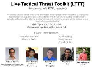 Live Tactical Threat Toolkit (LTTT)
Surgical-grade EOD, remotely
We seek to create a stream of accurate information and insights for real-time defeat of improvised
explosive devices by partner and coalition forces. The device we are building will be network-
agnostic and designed for adverse and low-connectivity environments, and will be scalable across
levels of information fidelity.
Alex Zaheer
CS
Cyberpolicy
Andreas Pavlou
Physics/International Security
Nitish Kulkarni
Hardware
Engineering
Alex Richard
CS
Gaurav Sharma
GSB
Main Sponsor: OSD // JIDA
Customers spoken to this week: 14
Support team/Sponsors:
Booz Allen Hamilton
US Army AWG
AGUA Holdings
Wolters Kluwer
Crossdeck, Inc.
 