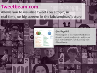 Tweetbeam.com
Allows you to visualise tweets on a topic, in
real-time, on big screens in the lab/seminar/lecture

 