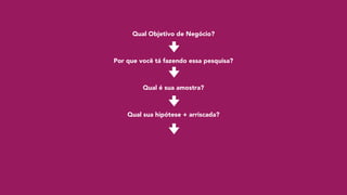 Qual Objetivo de Negócio?
Por que você tá fazendo essa pesquisa?
Qual é sua amostra?
Qual sua hipótese + arriscada?
 