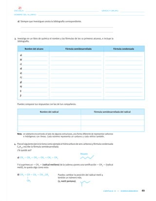 CAPÍTULO 4 • HIDROCARBUROS 49
NOMBRE DEL ALUMNO:
ESCUELA: GRADO Y GRUPO:
e) Siempre que investigues anota la bibliografía correspondiente.
3. Investiga en un libro de química el nombre y las fórmulas de los 10 primeros alcanos, e incluye la
bibliografía.
Nombre del alcano Fórmula semidesarrollada Fórmula condensada
a)
b)
c)
d)
e)
f )
g)
h)
i)
j)
Puedes comparar tus respuestas con las de tus compañeros.
Nombre del radical Fórmula semidesarrollada del radical
Nota: en adelante encontrarás al lado de algunas estructuras, una forma diferente de representar carbonos
e hidrógenos con líneas. Cada extremo representa un carbono y cada vértice también.
4. Paraelsiguienteejerciciotomacomoejemploelhidrocarburodeseiscarbonosyfórmulacondensada
C6H14; escribe la fórmula semidesarrollada.
¿Te quedó así?
Hexano
a) CH3 — CH2 — CH2 — CH2 — CH2 — CH3
Y si suprimes un — CH2 — (radical metileno) de la cadena y pones una ramiﬁcación — CH3 — (radical
metil), te queda algo como esto:
b) CH3 — CH — CH2 — CH2 _CH3
CH3
Puedes cambiar la posición del radical metil y
tendrás un isómero más.
(2, metil pentano).
04-05•QUIMICA 21.indd 4904-05•QUIMICA 21.indd 49 5/11/06 5:47:09 PM5/11/06 5:47:09 PM
21
 