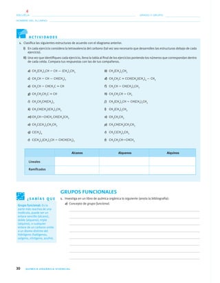 30 QUÍMICA ORGÁNICA VIVENCIAL
NOMBRE DEL ALUMNO:
ESCUELA: GRADO Y GRUPO:
A C T I V I D A D E S
1. Clasiﬁca las siguientes estructuras de acuerdo con el diagrama anterior.
I) En cada ejercicio considera la tetravalencia del carbono (tal vez sea necesario que desarrolles las estructuras debajo de cada
ejercicio).
II) Una vez que identiﬁques cada ejercicio, llena la tabla al ﬁnal de los ejercicios poniendo los números que correspondan dentro
de cada celda. Compara tus respuestas con las de tus compañeros.
a) CH3(CH2)2CH ϭ CH — (CH2)2CH3 b) CH3(CH2)5CH3
c) CH3CH ϭ CH — CH(CH3)2 d) CH3CH2C ϵ CCH(CH3)(CH2)4 — CH3
e) CH3CH ϭ CHCH2C ϵ CH f) CH3CH ϭ CH(CH2)2CH3
g) CH3CH2CH2C ϵ CH h) CH3CH2CH ϭ CH2
i) CH3CH2CH(CH3)2 j) CH3(CH2)2CH ϭ CH(CH2)2CH3
k) CH3CH(CH3)(CH2)3CH3 l) CH3(CH2)3CH3
m) CH3CHϭCHCH2 CH(CH3)CH3 n) CH3CH2CH3
o) CH3C(CH3)2CH2CH3 p) CH3CH(CH3)CH2CH3
q) C(CH3)4 r) CH3C(CH3)2CH3
r) C(CH3)3(CH2)3CH ϭ CHCH(CH3)2 t) CH3CH3CHϭCHCH3
Alcanos Alquenos Alquinos
Lineales
Ramiﬁcados
GRUPOS FUNCIONALES
1. Investiga en un libro de química orgánica lo siguiente (anota la bibliografía):
a) Concepto de grupo funcional.
¿ S A B Í A S Q U E
Grupo funcional: Es la
parte más reactiva de una
molécula, puede ser un
enlace sencillo (alcano),
doble (alqueno), triple
(alquino), o cualquier
enlace de un carbono unido
a un átomo distinto del
hidrógeno (halógenos,
oxígeno, nitrógeno, azufre).
01-03•QUIMICA 21.indd 3001-03•QUIMICA 21.indd 30 5/11/06 5:28:40 PM5/11/06 5:28:40 PM
4
 