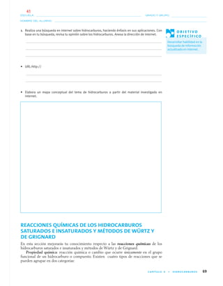 CAPÍTULO 4 • HIDROCARBUROS 69
NOMBRE DEL ALUMNO:
ESCUELA: GRADO Y GRUPO:
1. Realiza una búsqueda en internet sobre hidrocarburos, haciendo énfasis en sus aplicaciones. Con
base en tu búsqueda, revisa tu opinión sobre los hidrocarburos. Anexa la dirección de internet.
• URL:http://
• Elabora un mapa conceptual del tema de hidrocarburos a partir del material investigado en
internet.
REACCIONES QUÍMICAS DE LOS HIDROCARBUROS
SATURADOS E INSATURADOS Y MÉTODOS DE WÜRTZ Y
DE GRIGNARD
En esta sección mejorarás tu conocimiento respecto a las reacciones químicas de los
hidrocarburos saturados e insaturados y métodos de Würtz y de Grignard.
Propiedad química: reacción química o cambio que ocurre únicamente en el grupo
funcional de un hidrocarburo o compuesto. Existen cuatro tipos de reacciones que se
pueden agrupar en dos categorías:
O B J E T I V O
E S P E C Í F I C O
Desarrollar habilidad en la
búsqueda de información
actualizada en internet.
04-05•QUIMICA 21.indd 6904-05•QUIMICA 21.indd 69 5/11/06 5:47:15 PM5/11/06 5:47:15 PM
41
 