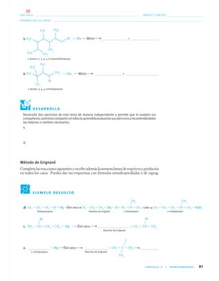 CAPÍTULO 4 • HIDROCARBUROS 81
NOMBRE DEL ALUMNO:
ESCUELA: GRADO Y GRUPO:
a) CH3 — CH2 — CH2 — Br ϩ Mg Éter seco CH3 — CH2 — CH2 — Mg — Br ϩ Br — CH — CH3 calor CH3 — CH2 — CH2 — CH — CH3 ϩ MgBr2
Bromopropano Reactivo de Grignard 2–bromoetano 2–metilpentano
1. CH3 — CH — CH2 — CH3 ϩ Mg Éter seco ϩ CH3 — CH — CH3
Reactivo de Grignard
2. ϩ Mg Éter seco ϩ CH3 — C — CH3
2–cloropropano Reactivo de Grignard
5. ϩ 2Na Würtz ϩ
1–bromo–2, 3, 4, 5, 6–hexametilheptano
6. ϩ 2Na Würtz ϩ
2–bromo–3, 4, 4–trimetilpentano
E J E M P L O R E S U E LT O
CH3
BrBr
D E S A R R O L L A
Desarrolla dos ejercicios de este tema de manera independiente y permite que lo evalúen tus
compañeros;asimismocomparteconellosloaprendidoevaluandosusejerciciosyrecomendándoles
las mejoras o cambios necesarios.
1.
2.
Método de Grignard
Completa las reacciones siguientes y escribe además la nomenclatura de reactivos y productos
en todos los casos. Puedes dar tus respuestas con fórmulas semidesarrolladas o de zigzag.
CH3
I
CH3
04-05•QUIMICA 21.indd 8104-05•QUIMICA 21.indd 81 5/11/06 5:47:22 PM5/11/06 5:47:22 PM
53
 