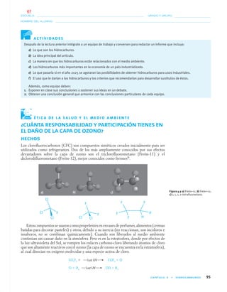 CAPÍTULO 4 • HIDROCARBUROS 95
NOMBRE DEL ALUMNO:
ESCUELA: GRADO Y GRUPO:
A C T I V I D A D E S
¿CUÁNTA RESPONSABILIDAD Y PARTICIPACIÓN TIENES EN
EL DAÑO DE LA CAPA DE OZONO?
HECHOS
Los cloroﬂuorocarbonos (CFC) son compuestos sintéticos creados inicialmente para ser
utilizados como refrigerantes. Dos de los más ampliamente conocidos por sus efectos
devastadores sobre la capa de ozono son el tricloroﬂuorometano (Freón-11) y el
diclorodiﬂuorometano (Freón-12), mejor conocidos como freones®
.
Estos compuestos se usaron como propelentes en envases de perfumes,alimentos (cremas
batidas para decorar pasteles) y otros, debido a su inercia (no reaccionan, son incoloros e
insaboros, no se combinan químicamente). Cuando son liberados al medio ambiente
continúan sin causar daño en la atmósfera. Pero es en la estratosfera, donde por efectos de
la luz ultravioleta del Sol, se rompen los enlaces carbono-cloro liberando átomos de cloro
que son altamente reactivos con el ozono (la capa de ozono se encuentra en la estratosfera),
al cual disocian en oxígeno molecular y una especie activa de cloro.
CCl2F2 ϩ Luz UV CClF2 ϩ Cl
Cl ϩ O3 Luz UV ClO ϩ O2
Figura 4.9 a) Freón–11, b) Freón–12,
c) 1, 1, 1, 2–tetraﬂuoroetano.
a) b) c)
Después de la lectura anterior intégrate a un equipo de trabajo y conversen para redactar un informe que incluya:
a) Lo que son los hidrocarburos.
b) La idea principal del artículo.
c) La manera en que los hidrocarburos están relacionados con el medio ambiente.
d) Los hidrocarburos más importantes en la economía de un país industrializado.
e) Lo que pasaría si en el año 2025 se agotaran las posibilidades de obtener hidrocarburos para usos industriales.
f) El uso que le darían a los hidrocarburos y los criterios que recomendarían para desarrollar sustitutos de éstos.
Además, como equipo deben:
1. Exponer en clase sus conclusiones y sostener sus ideas en un debate.
2. Obtener una conclusión general que armonice con las conclusiones particulares de cada equipo.
É T I C A D E L A S A L U D Y E L M E D I O A M B I E N T E
04-05•QUIMICA 21.indd 9504-05•QUIMICA 21.indd 95 5/11/06 5:47:28 PM5/11/06 5:47:28 PM
67
 