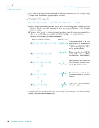 34 QUÍMICA ORGÁNICA VIVENCIAL
NOMBRE DEL ALUMNO:
ESCUELA: GRADO Y GRUPO:
4. Aplicaacadapardecompuestoslaestrategiadelassemejanzasydiferencias.Teseráfácildescubrirlas
y, así, encontrar el nombre del tipo de isomería y escribirlo.
5. Observa ahora estos compuestos.
CH3 — CH ϭ CH — CH2 —CH3 y CH2 ϭ CH — CH2 — CH2 — CH3 (C5H10)
a) Aplica la estrategia de las semejanzas y diferencias en estos compuestos que también comparten
la misma fórmula condensada y que, por lo tanto, son isómeros. Deduce y escribe el tipo de
isómeros que son.
b) Tomando como ejemplo el hidrocarburo de seis carbonos cuya fórmula condensada es C6H14,
observa las posibilidades de arreglo estructural o isomería que este compuesto tiene:
Ejemplos de isomería en hidrocarburos saturados
Fórmulas semidesarrolladas Fórmulas zigzag
a) H3C — CH2 — CH2 — CH2 — CH2 — CH3
b) H3C — CH — CH2 — CH2 — CH3
c) H3C — CH2 — CH — CH2 — CH3
d) H3C — C — CH2 — CH3
e) CH3 — CH — CH — CH3
6. Desarrolla un mapa conceptual relacionado con el concepto de isomería y que muestre los distintos
tipos de isómeros tratados en esta sección.
CH3
CH3
CH3
CH3
CH3
CH3
Sisesuprimeungrupo—CH2 —(ra-
dical metileno) de la cadena utili-
zándolocomounaramiﬁcación,CH3
— (radical metil) queda la estruc-
tura b) (2–metil hexano).
Se puede cambiar la posición del
radical metil y habrá un isómero
más. La ﬁgura c) (3–metilhexano).
Se puede formar otro isómero con
otroradical,paraobtenerlaestruc-
tura d) (2,2–dimetilhexano).
Finalmente si se cambia de posi-
ción habrá uno más (2,3–dimetil-
hexano).
Asíseforman5isómerosestructu-
rales en el hexano.
01-03•QUIMICA 21.indd 3401-03•QUIMICA 21.indd 34 5/11/06 5:28:41 PM5/11/06 5:28:41 PM
8
 