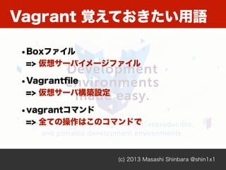 Vagrant 覚えておきたい用語
(c) 2013 Masashi Shinbara @shin1x1
•Boxファイル
=> 仮想サーバイメージファイル
•Vagrantﬁle
=> 仮想サーバ構築設定
•vagrantコマンド
=> 全ての操作はこのコマンドで
 