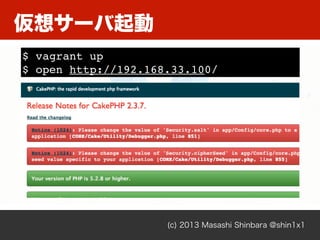 仮想サーバ起動
(c) 2013 Masashi Shinbara @shin1x1
$ vagrant up
$ open http://192.168.33.100/
 