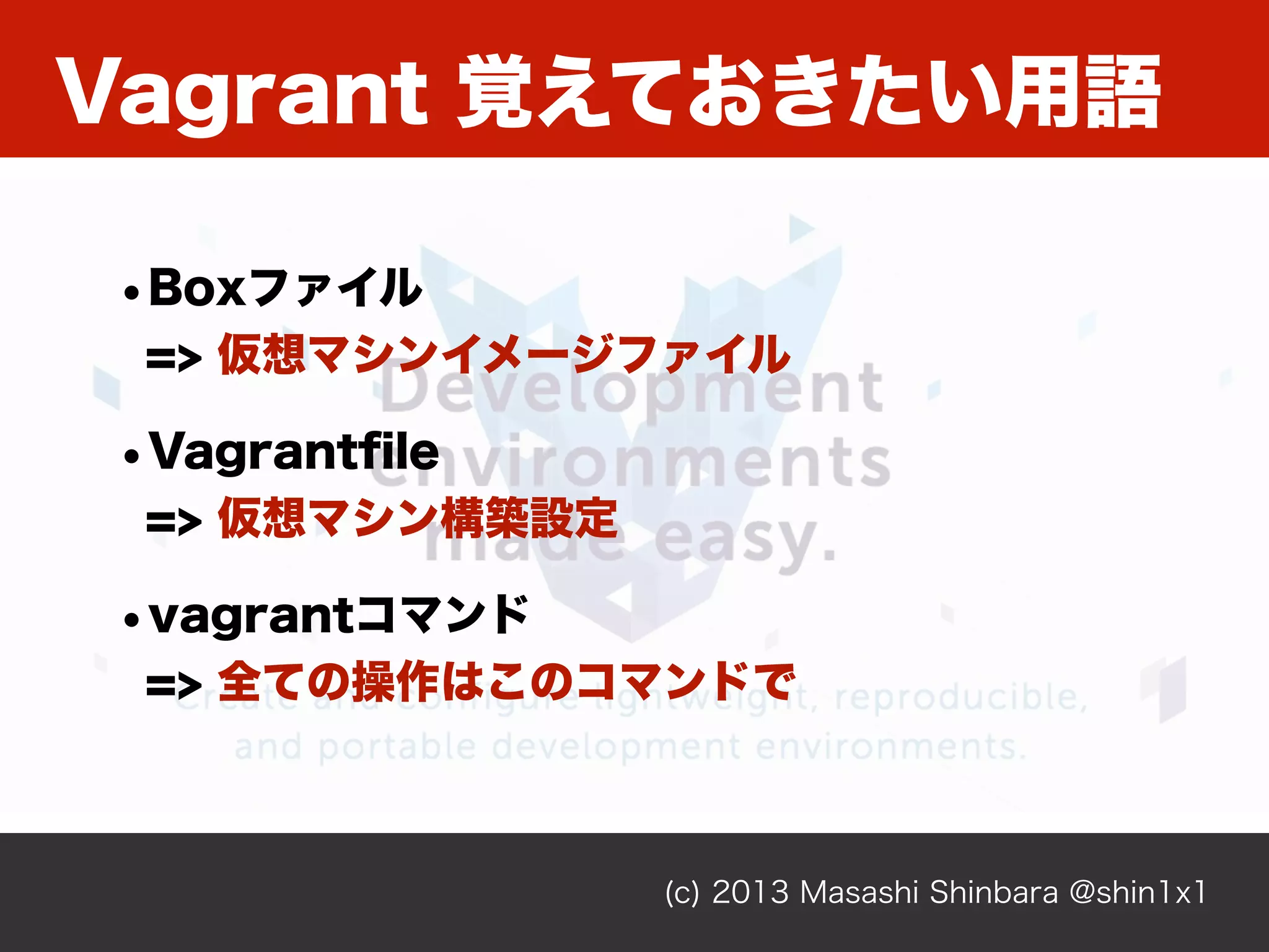 Vagrant 覚えておきたい用語
(c) 2013 Masashi Shinbara @shin1x1
•Boxファイル
=> 仮想マシンイメージファイル
•Vagrantﬁle
=> 仮想マシン構築設定
•vagrantコマンド
=> 全ての操作はこのコマンドで
 