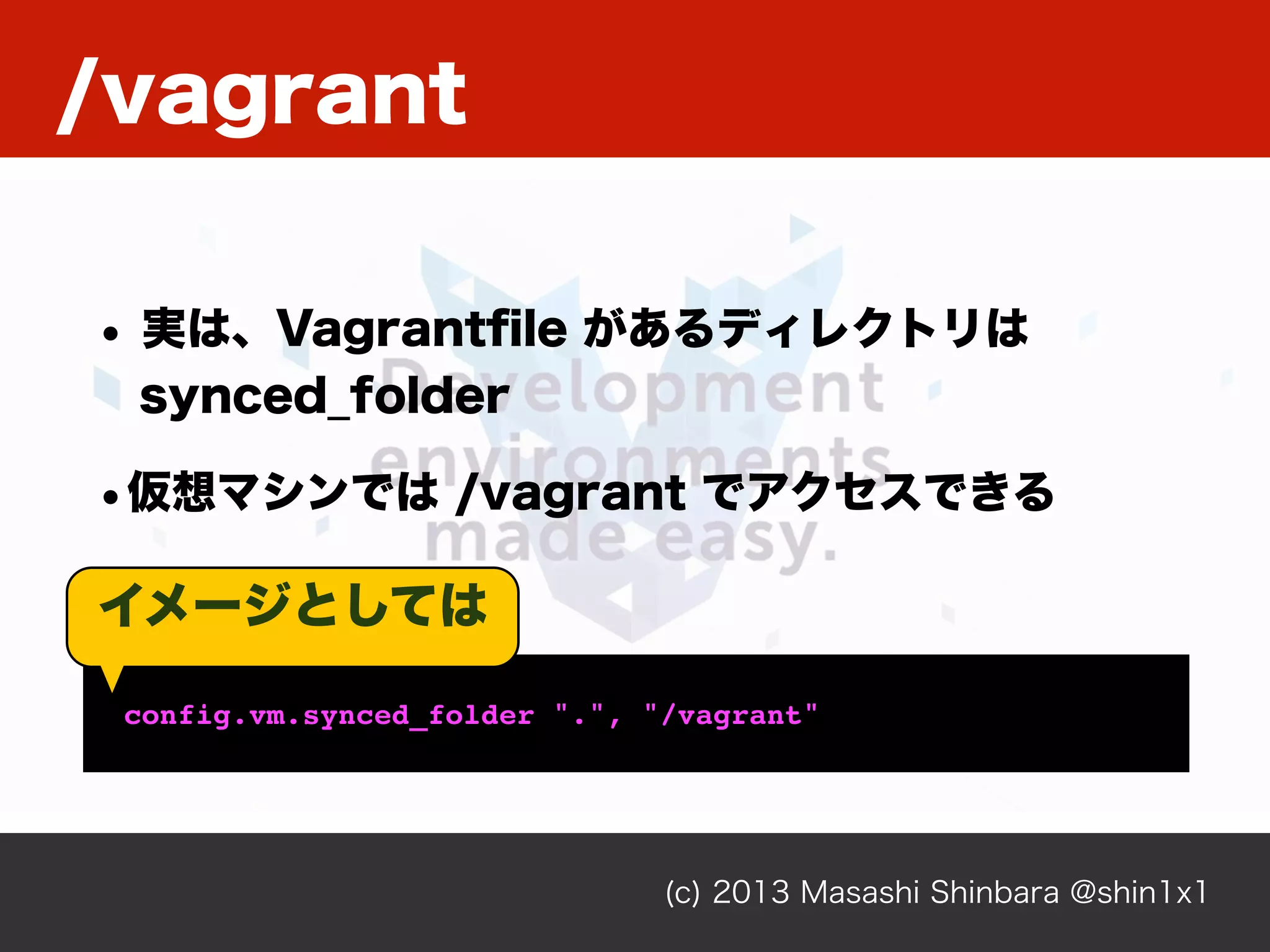 (c) 2013 Masashi Shinbara @shin1x1
/vagrant
config.vm.synced_folder ".", "/vagrant"
• 実は、Vagrantﬁle があるディレクトリは
synced_folder
•仮想マシンでは /vagrant でアクセスできる
イメージとしては
 