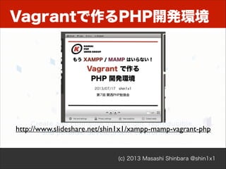 Vagrantで作るPHP開発環境

http://www.slideshare.net/shin1x1/xampp-mamp-vagrant-php

(c) 2013 Masashi Shinbara @shin1x1

 