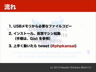 流れ
1. USBメモリから必要なファイルコピー
2. インストール、仮想マシン起動 
（手順は、Gist を参照）
3. 上手く動いたら tweet (#phpkansai)

(c) 2013 Masashi Shinbara @shin1x1

 