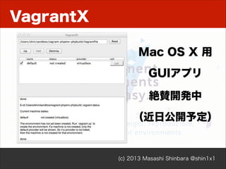 VagrantX
Mac OS X 用
GUIアプリ
絶賛開発中
（近日公開予定）

(c) 2013 Masashi Shinbara @shin1x1

 