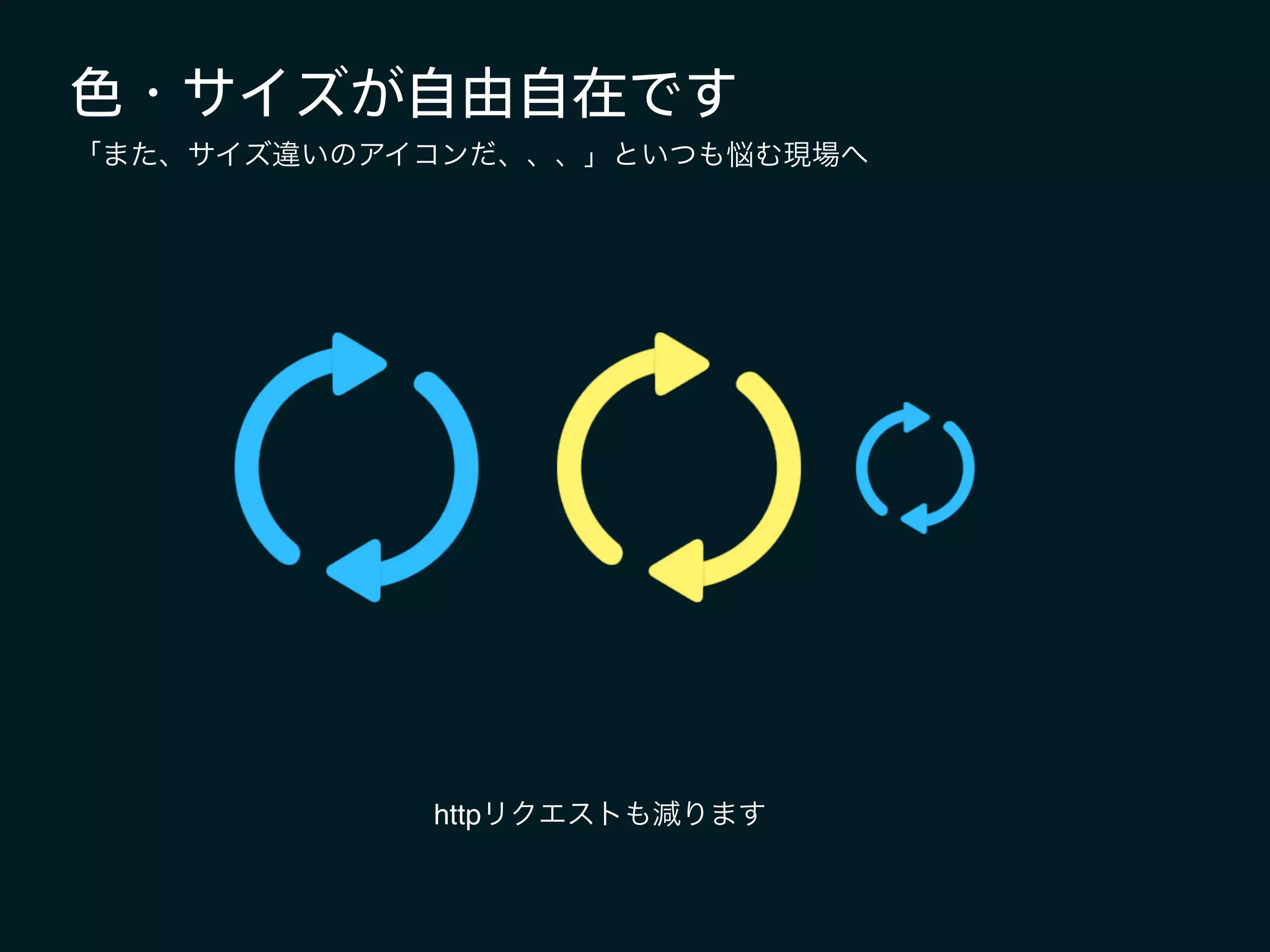色・サイズが自由自在です
httpリクエストも減ります
「また、サイズ違いのアイコンだ、、、」といつも悩む現場へ
 