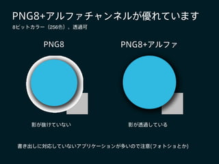 PNG8+アルファチャンネルが優れています
書き出しに対応していないアプリケーションが多いので注意(フォトショとか)
8ビットカラー（256色）。透過可
PNG8 PNG8+アルファ
影が抜けていない 影が透過している
 