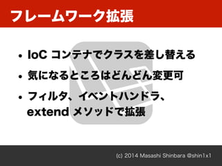 ե``
(c) 2014 Masashi Shinbara @shin1x1
? IoC ƥʤǥ饹椨
? ݤˤʤȤϤɤɤ
? ե륿٥ȥϥɥ顢 ?
extend ᥽åɤǒ
 